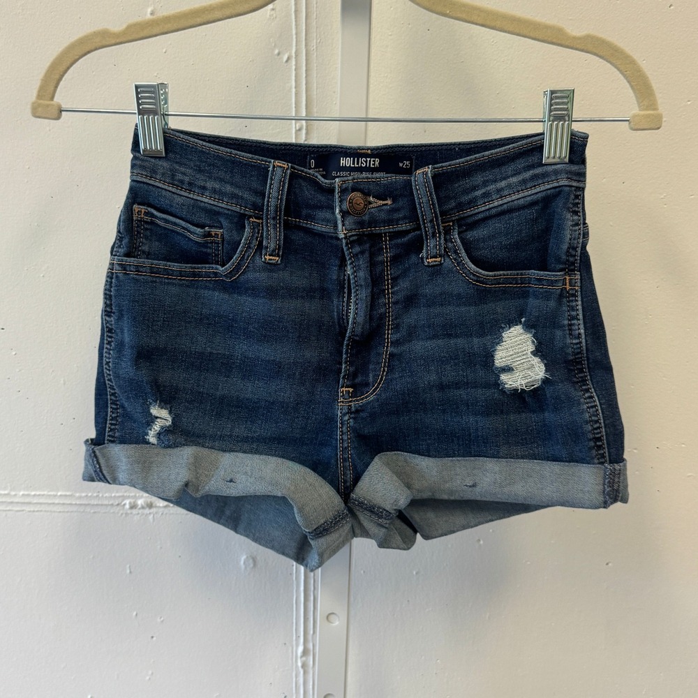 Hollister Classic High-Rise Short Distressed Denim Dark Wash Size 0 W25 Stretch - Picture 1 of 7